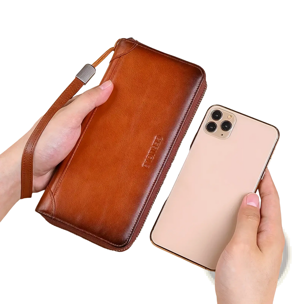 Men brown leather long wallet with large capacity zipper closure and wrist strap for secure carrying