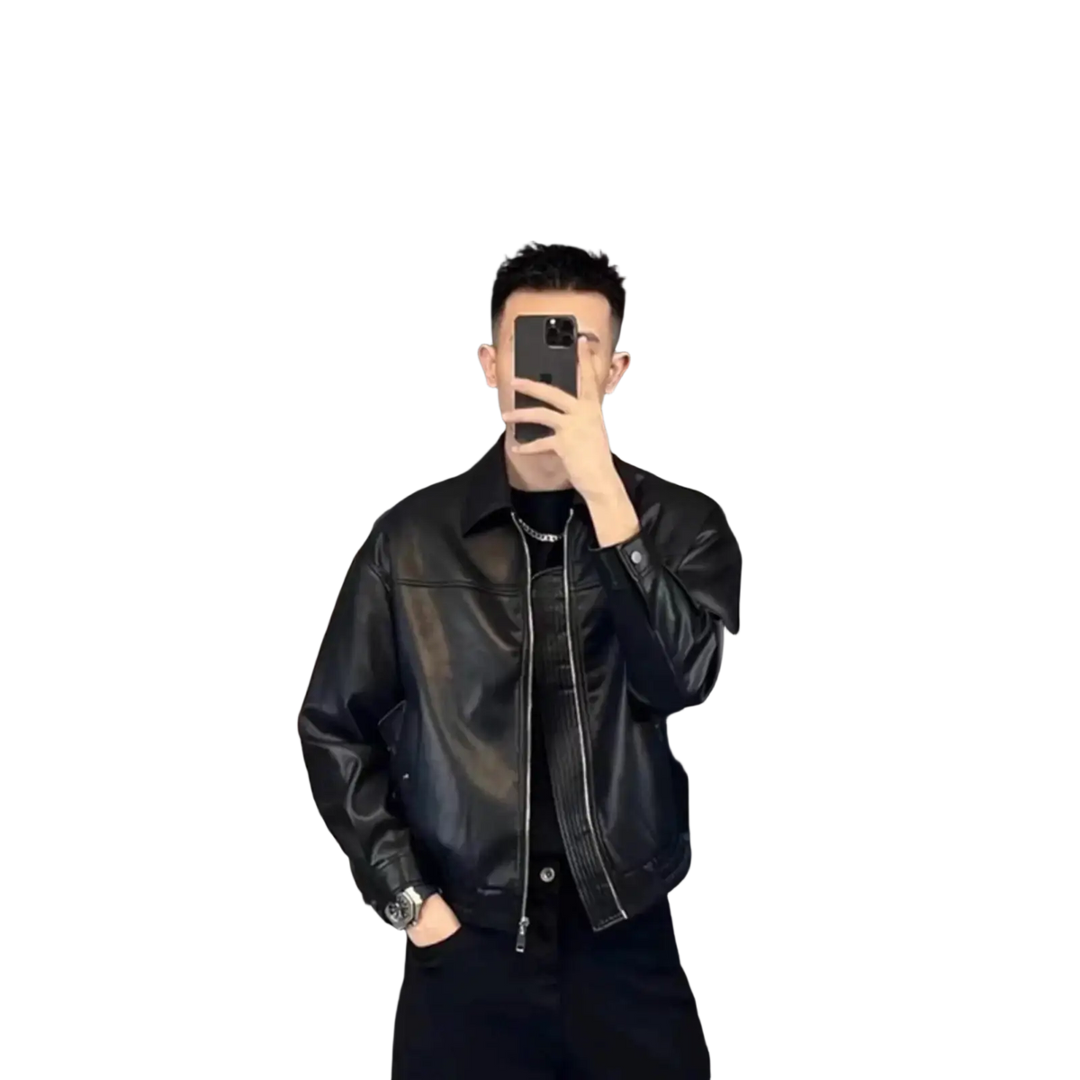 Men brown leather motorcycle jacket featuring black leather with zipper front and buttoned cuffs