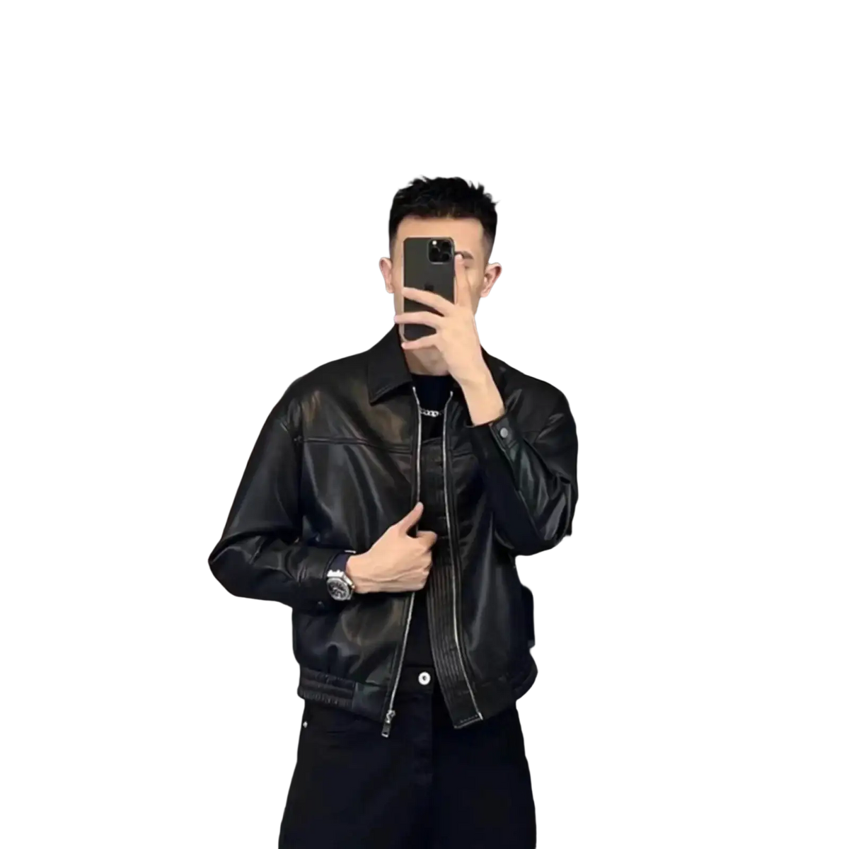 Men brown leather motorcycle jacket featuring black leather bomber style with silver zipper and button details