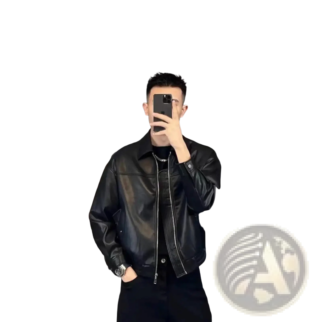 Men brown leather motorcycle jacket featuring black leather with zipper front and buttoned cuffs