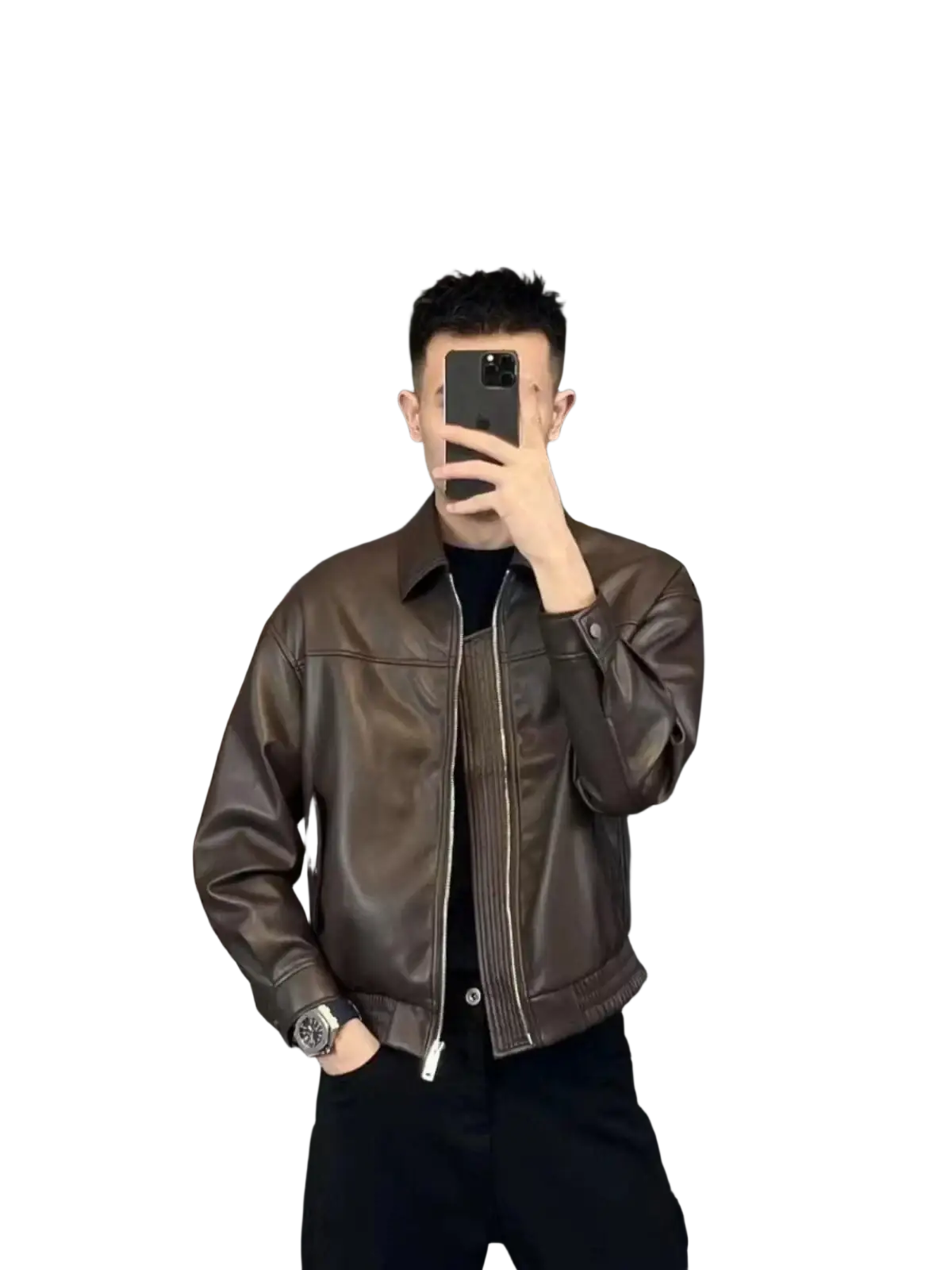 Men brown leather motorcycle jacket with classic collar and front zipper in brown leather material