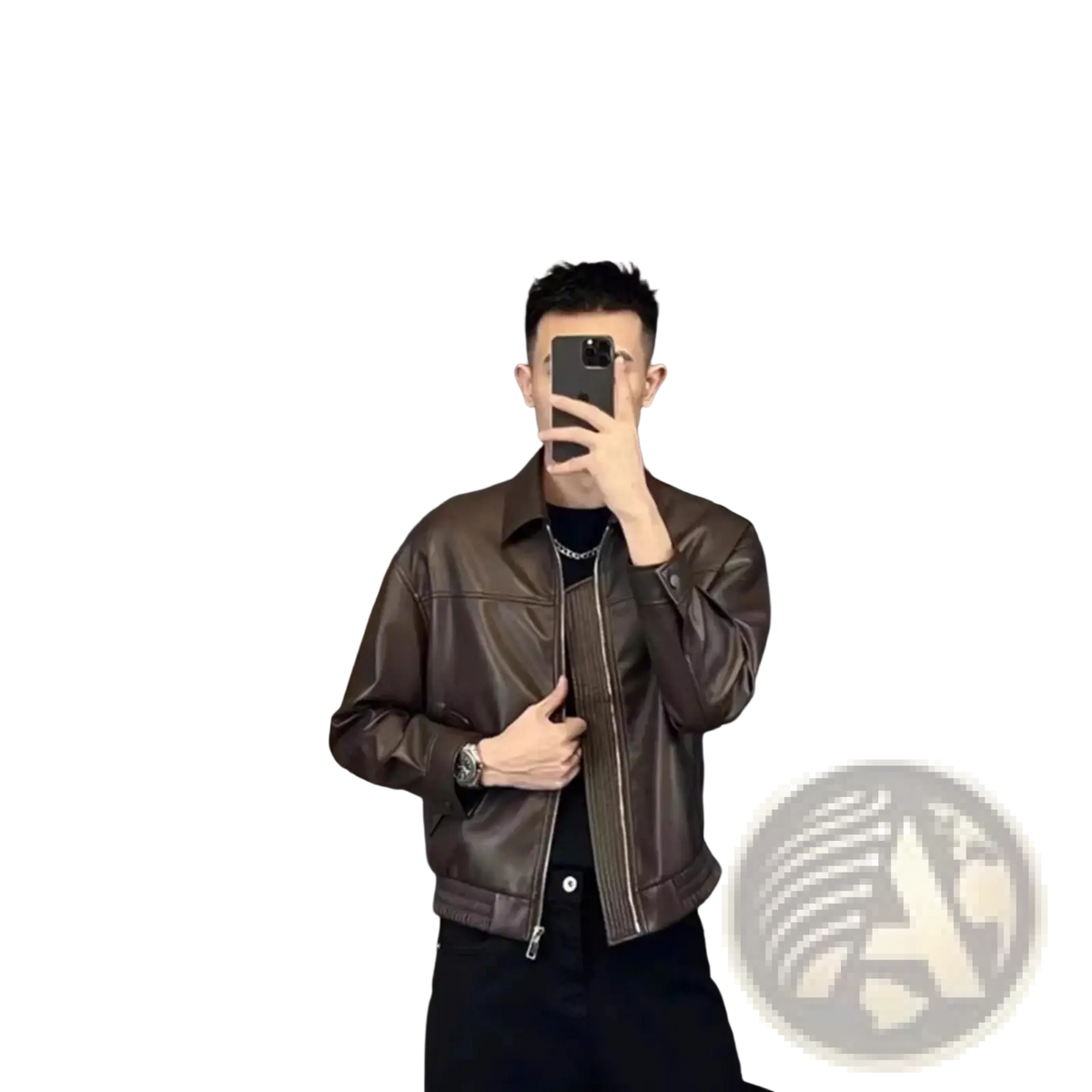 Men brown leather motorcycle jacket made of brown leather shown from the back side highlighting bomber style