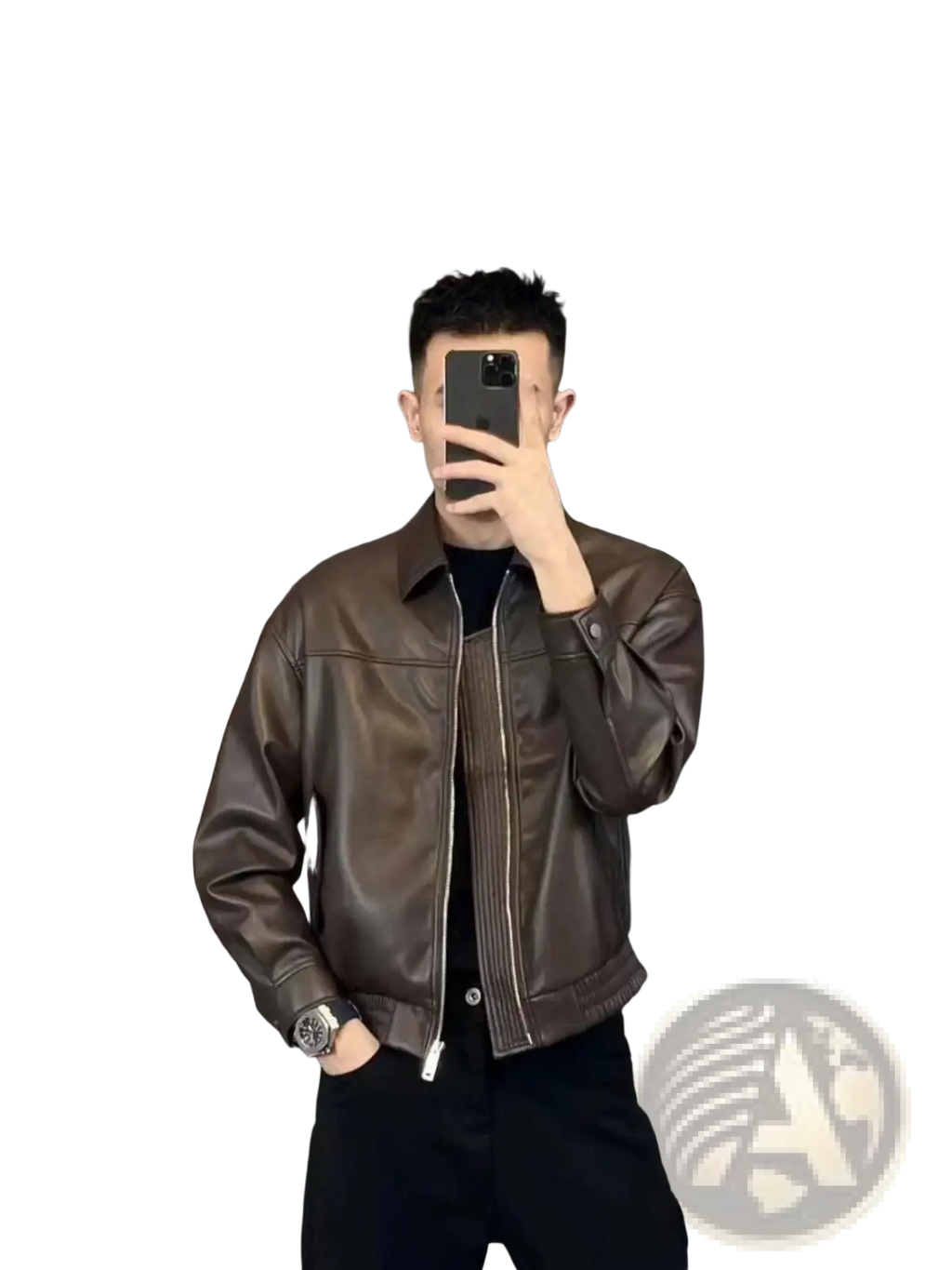Men brown leather motorcycle jacket with classic collar and front zipper in brown leather material