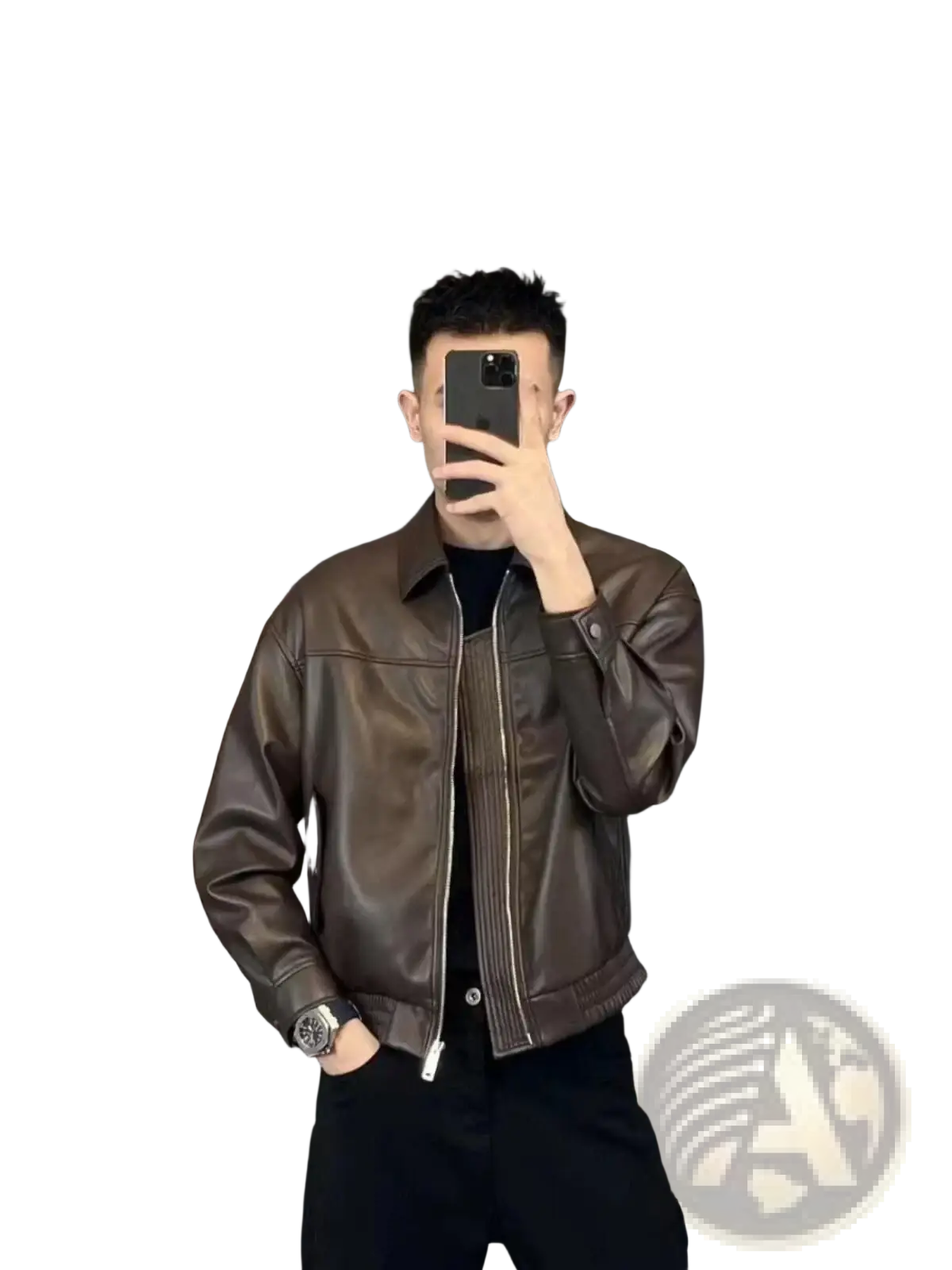 Men brown leather motorcycle jacket with classic collar and front zipper in brown leather material