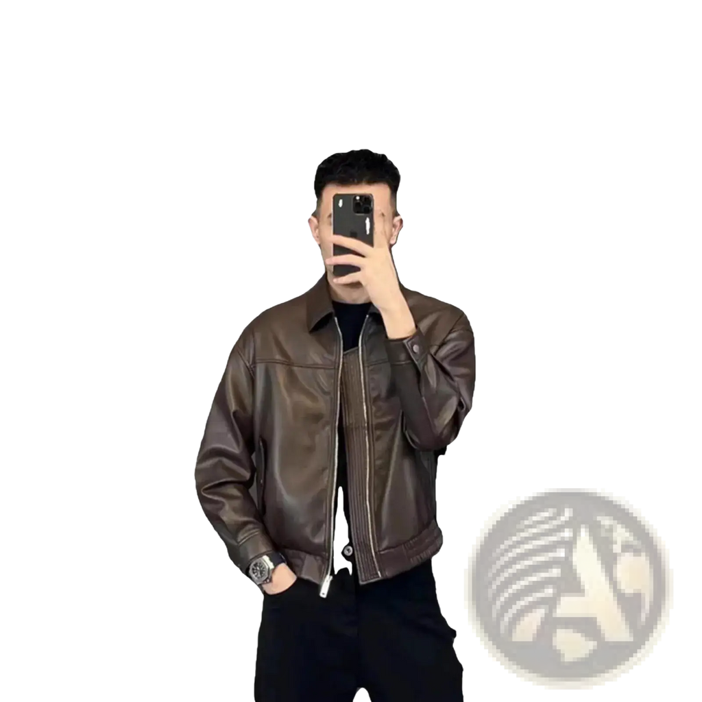 Men brown leather motorcycle jacket with classic collar and front zipper closure