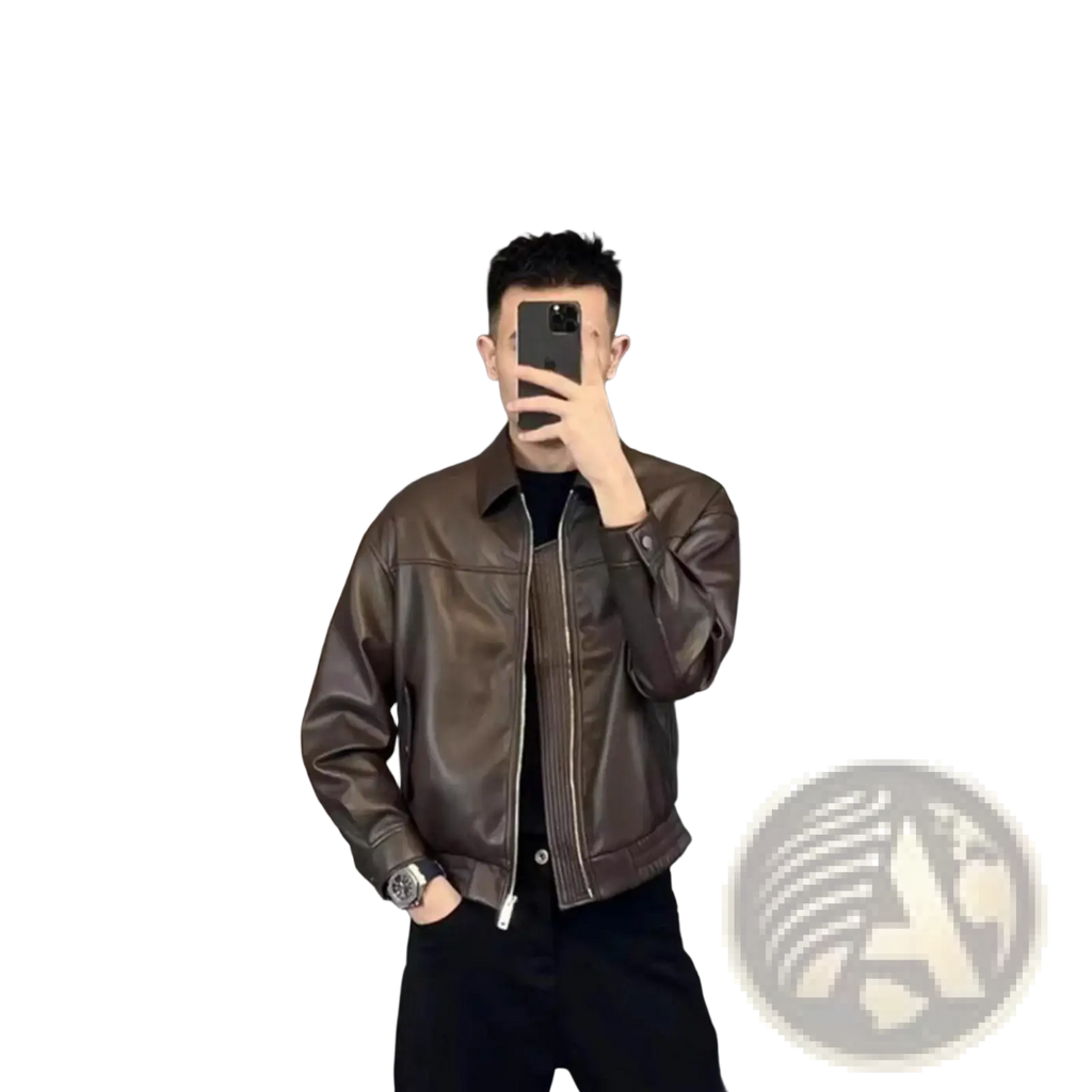 Men brown leather motorcycle jacket in faux leather with classic collar and zipper front for stylish riding