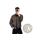 Men brown leather motorcycle jacket in faux leather with classic collar and zipper front for stylish riding