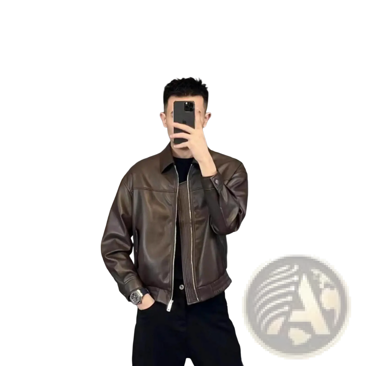 Men brown leather motorcycle jacket in faux leather with classic collar and zipper front for stylish riding