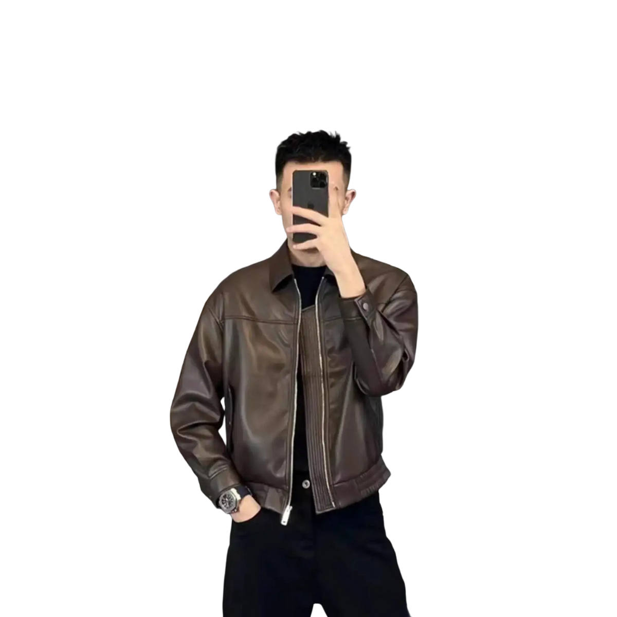Men brown leather motorcycle jacket in faux leather with classic collar and zipper front for stylish riding