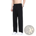 Men brown loose dress pants shown as black straight-leg trousers with sleek modern cut and subtle waistband pleats