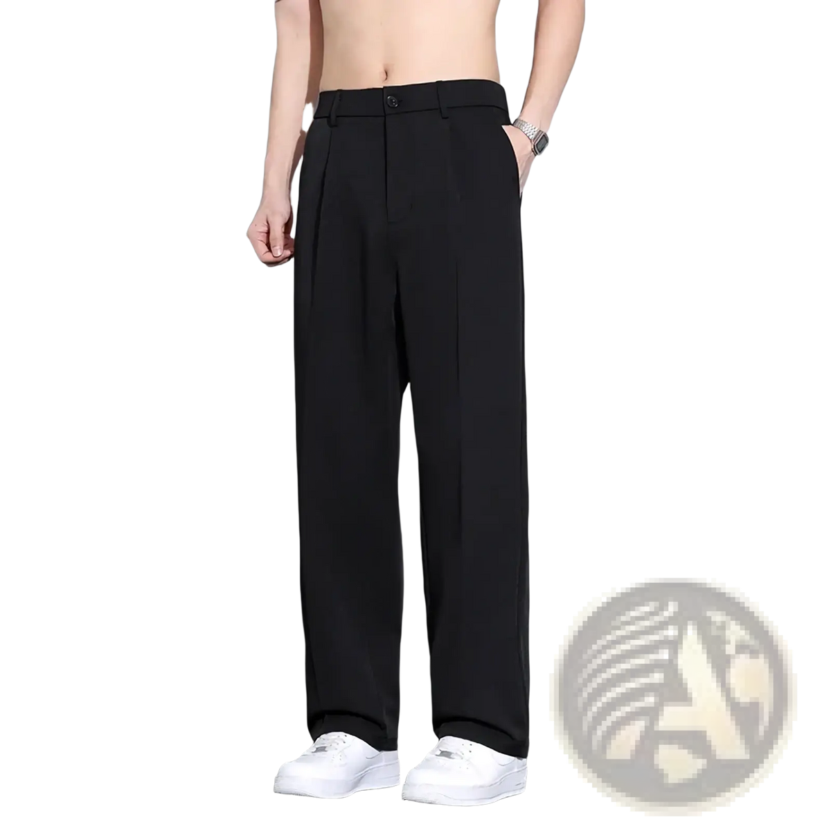 Men brown loose dress pants shown as black straight-leg trousers with sleek modern cut and subtle waistband pleats