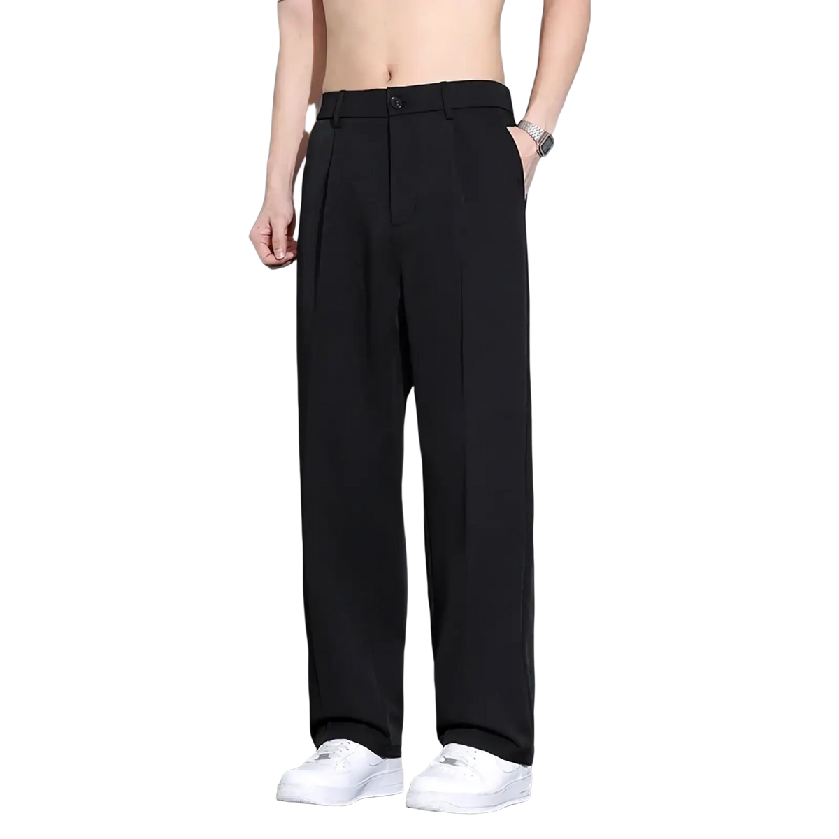 Men brown loose dress pants shown as black straight-leg trousers with sleek modern cut and subtle waistband pleats