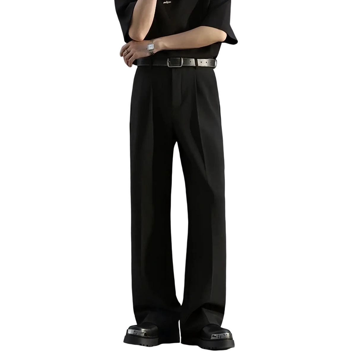 Men brown loose dress pants with black wide-leg tailored trousers and subtle front pleats for a polished look