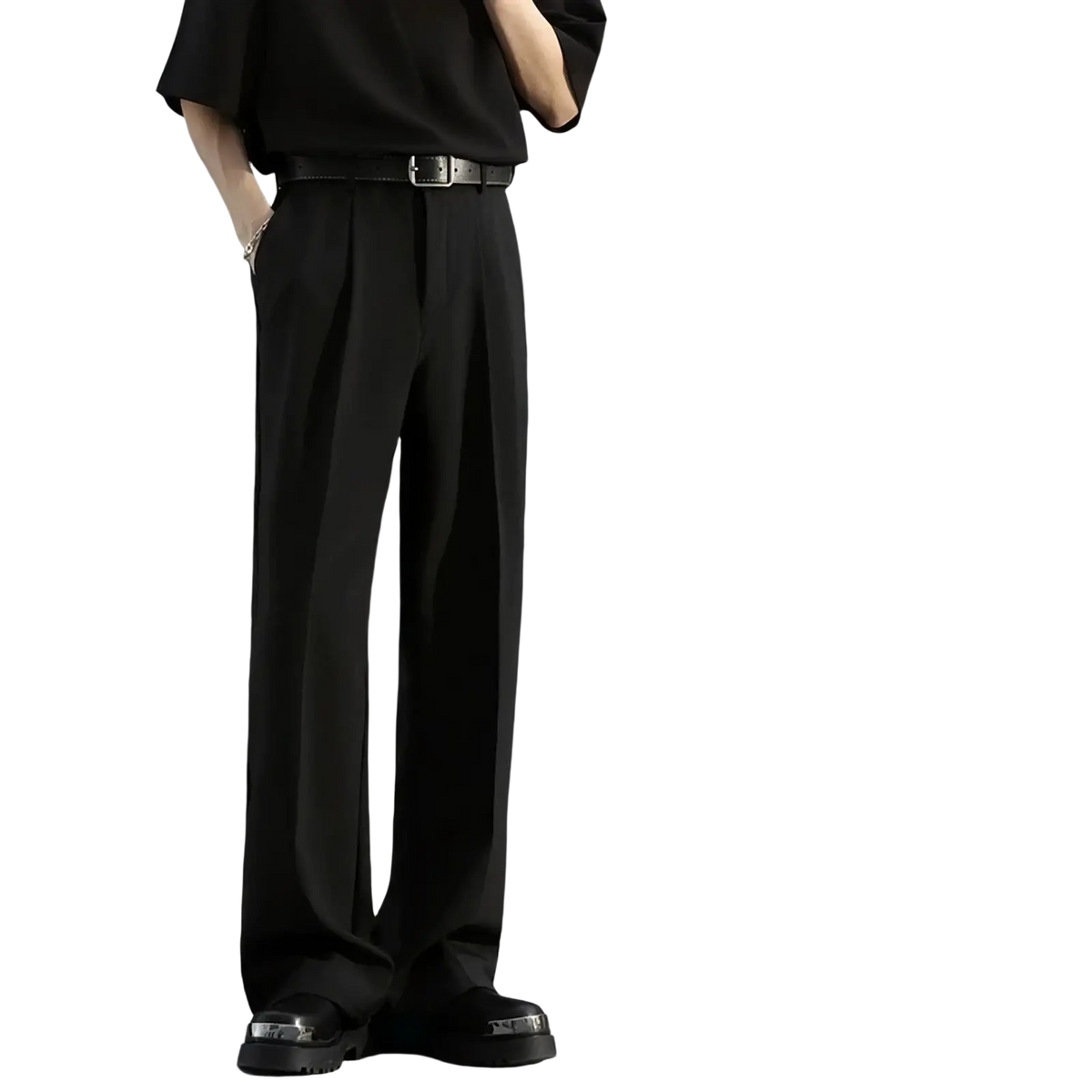 Men brown loose dress pants in black wide-leg tailored fit with subtle waist pleats for formal occasions