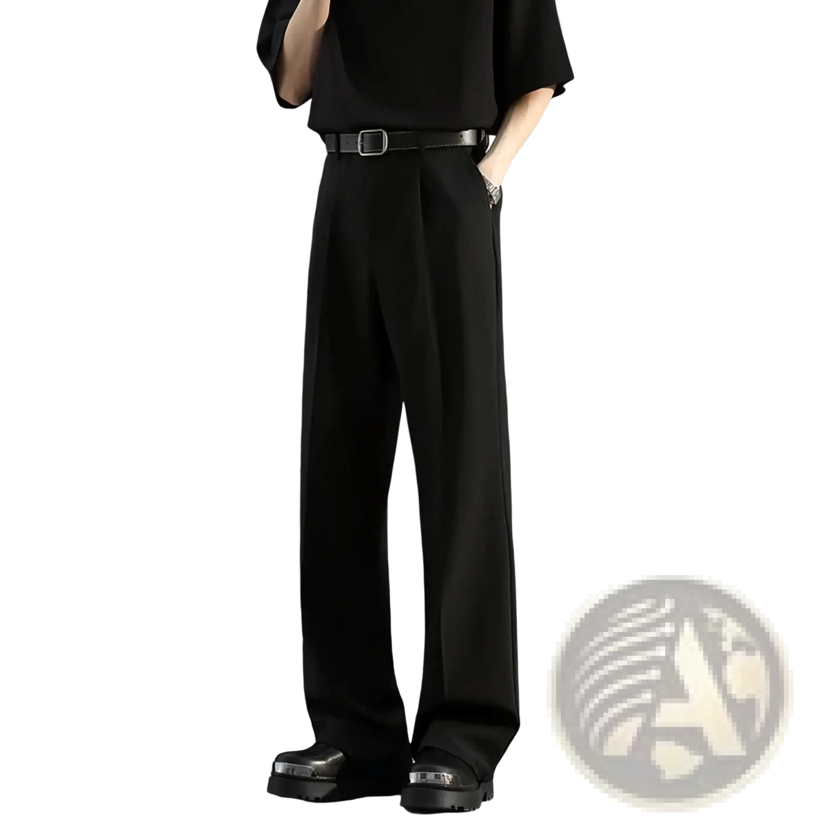 Men brown loose dress pants with black wide-leg trousers featuring sleek minimalist design and subtle waist pleats