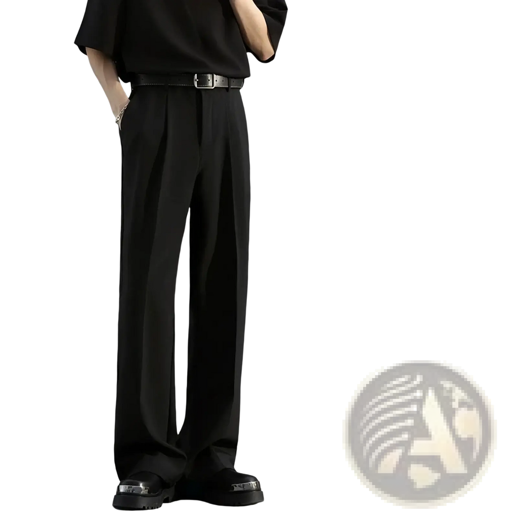 Men brown loose dress pants in black wide-leg tailored fit with subtle waist pleats for formal occasions