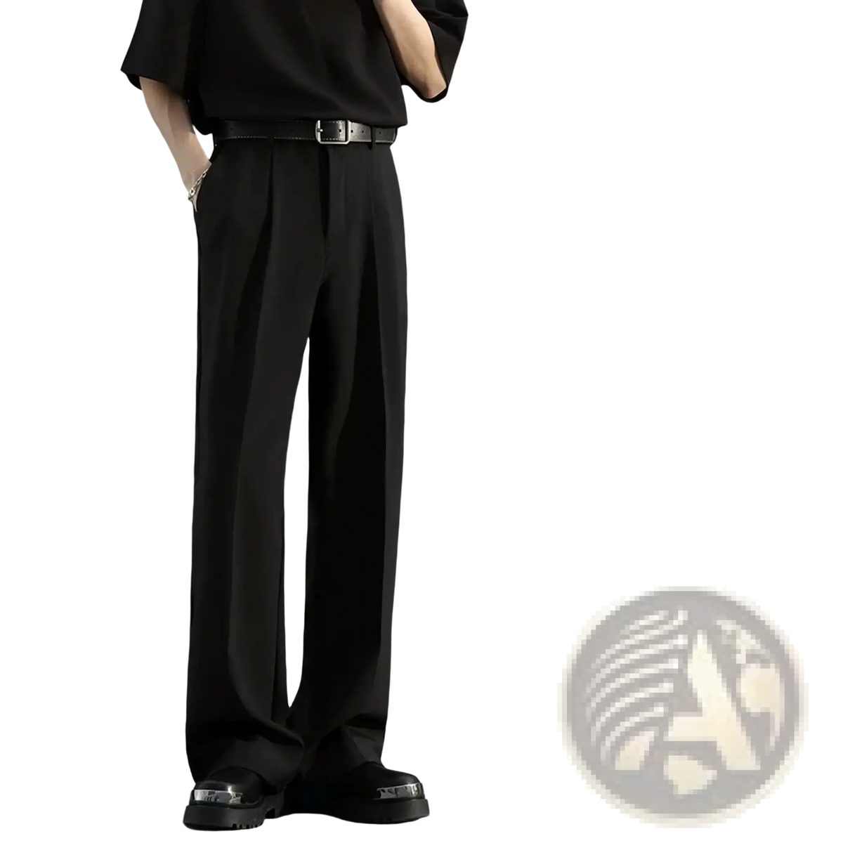 Men brown loose dress pants in black wide-leg tailored fit with subtle waist pleats for formal occasions
