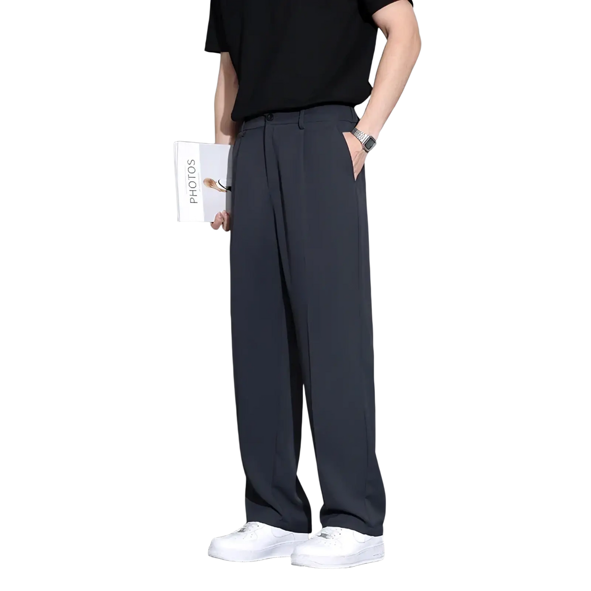 Men brown loose dress pants featuring dark gray straight-leg design with subtle pleats and a modern cut at the waistband