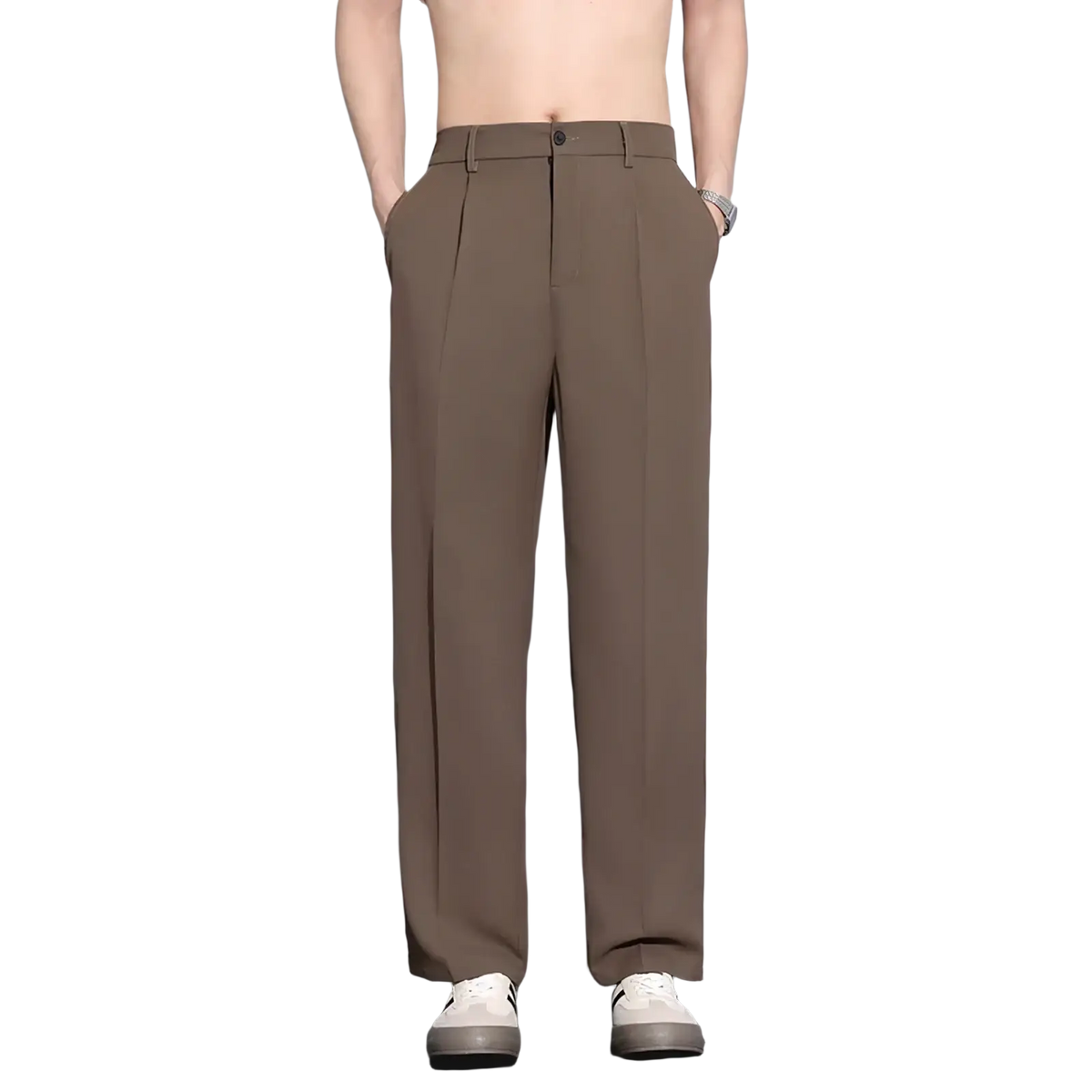 Men brown loose dress pants with tailored fit pleats and belt loop design for formal and office wear