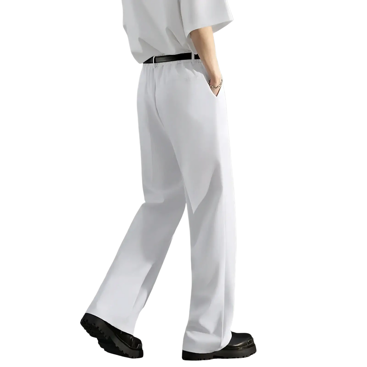 Men brown loose dress pants featuring white wide-leg trousers with a clean minimalist design and a black belt