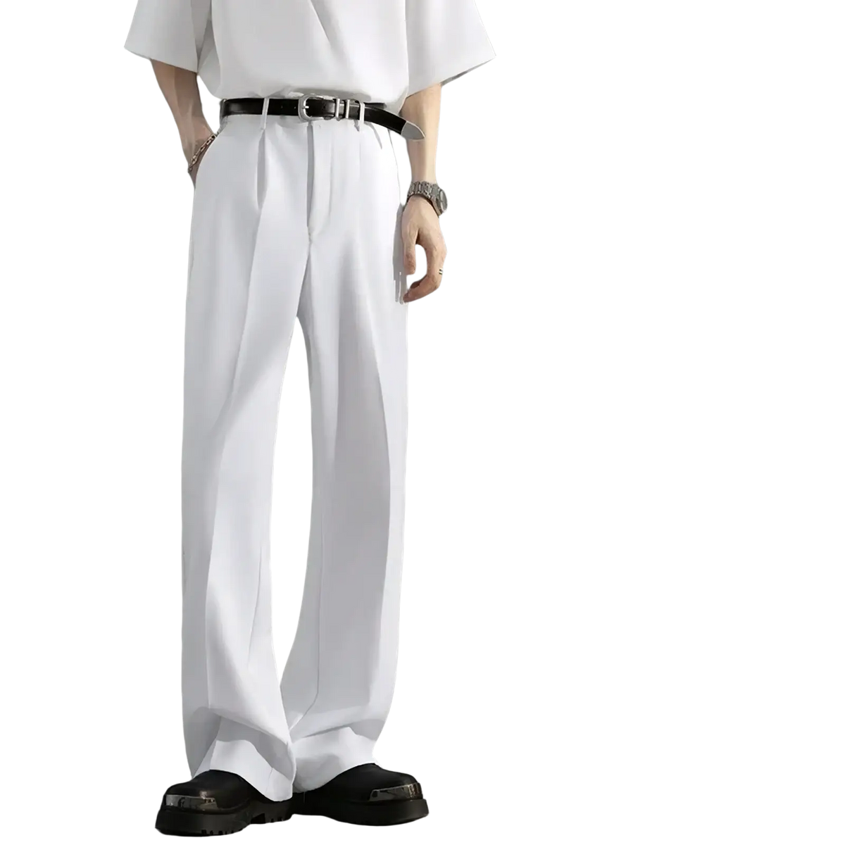 Men brown loose dress pants featuring white wide-leg trousers with a sleek modern cut and subtle waist pleats
