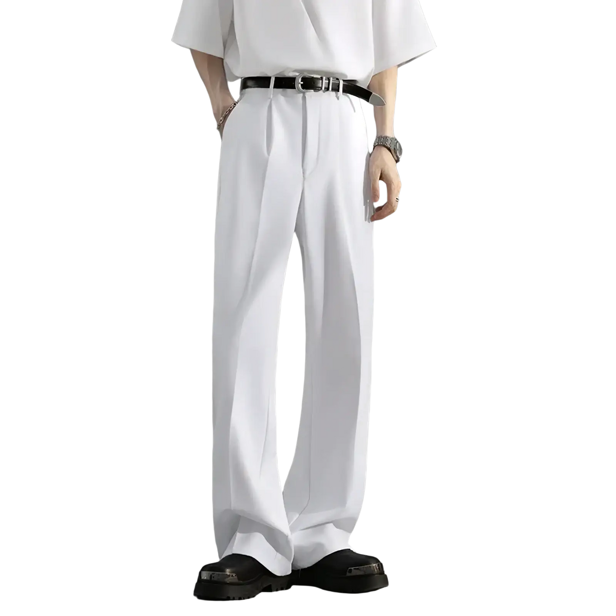 Men brown loose dress pants made of white wide-leg fabric with subtle pleats at the waist in a minimalist design