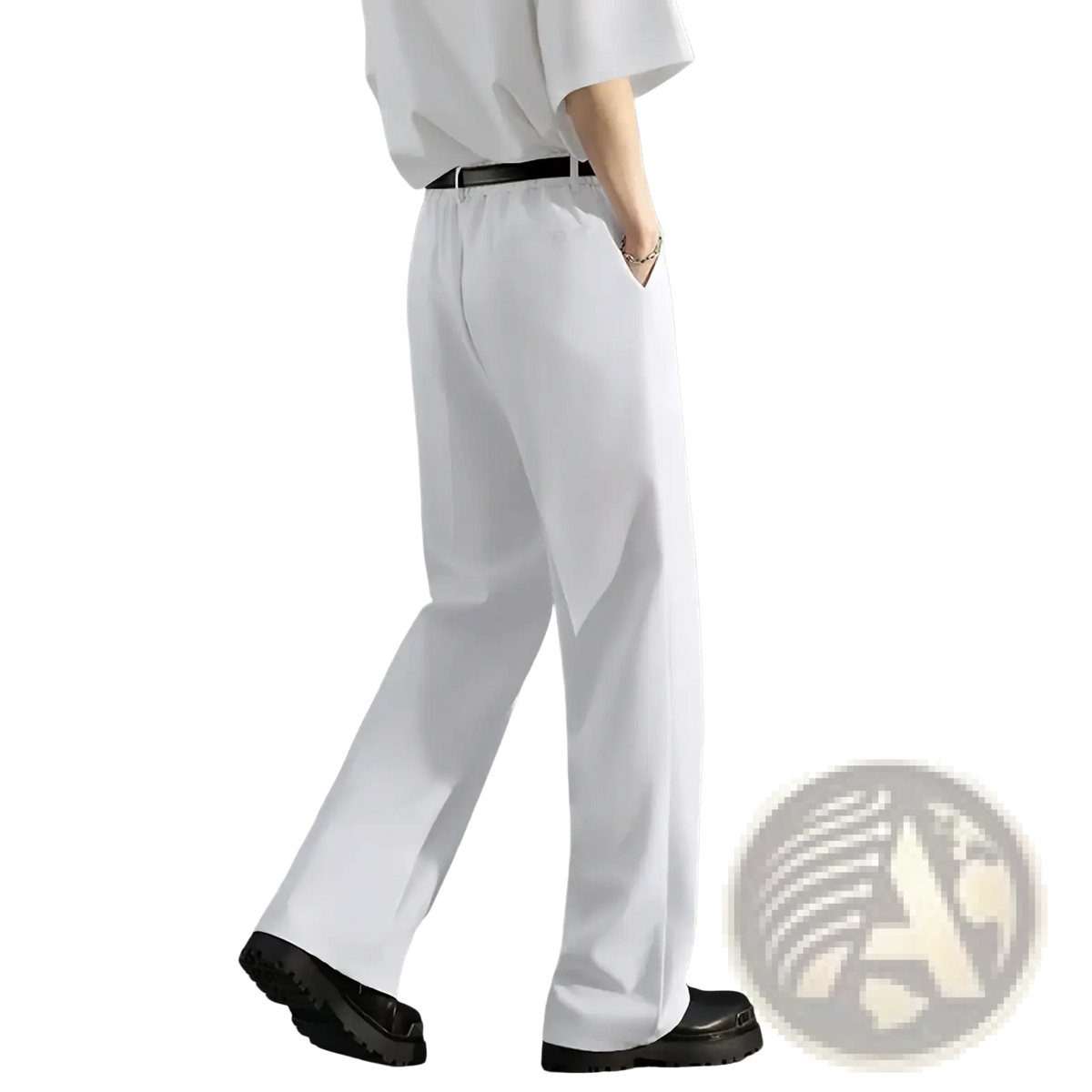 Men brown loose dress pants featuring white wide-leg trousers with a clean minimalist design and a black belt