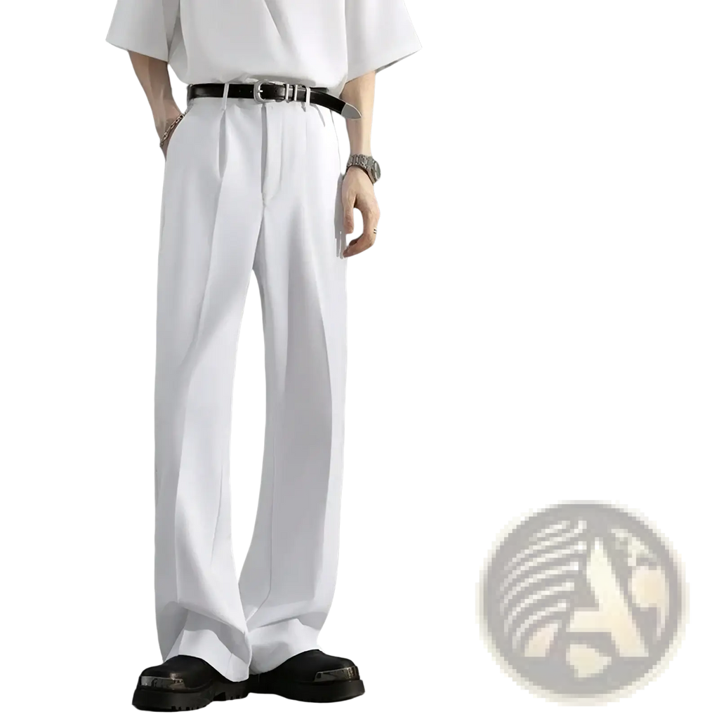 Men brown loose dress pants featuring white wide-leg trousers with a sleek modern cut and subtle waist pleats