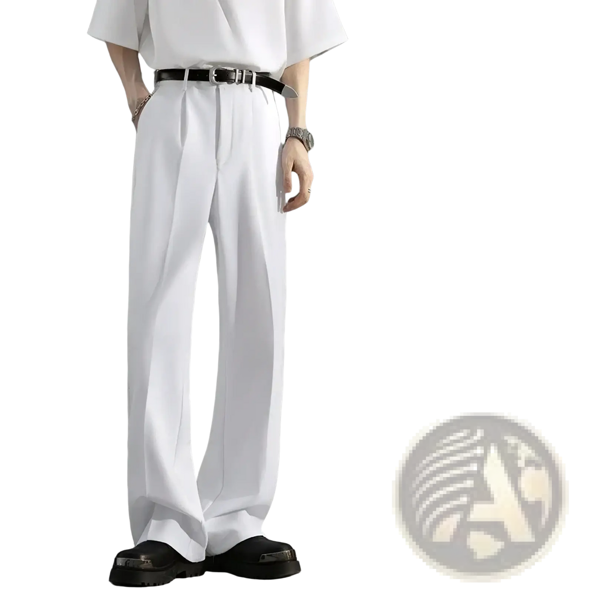 Men brown loose dress pants featuring white wide-leg trousers with a sleek modern cut and subtle waist pleats