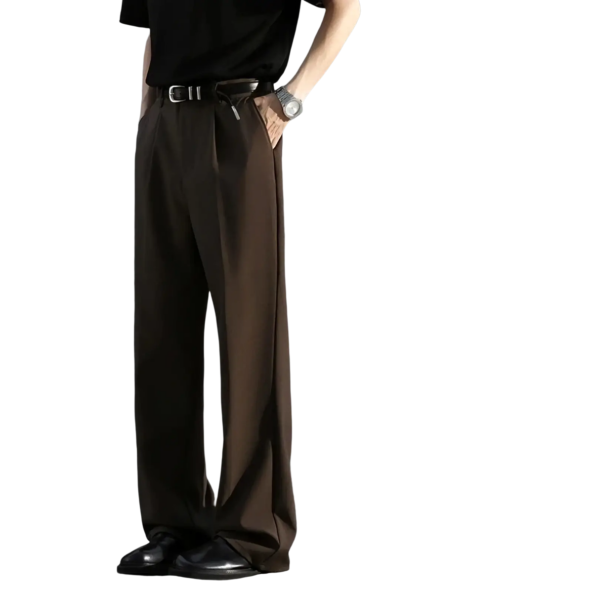 Men brown loose dress pants featuring brown wide-leg trousers with tailored fit and subtle pleats at the waist