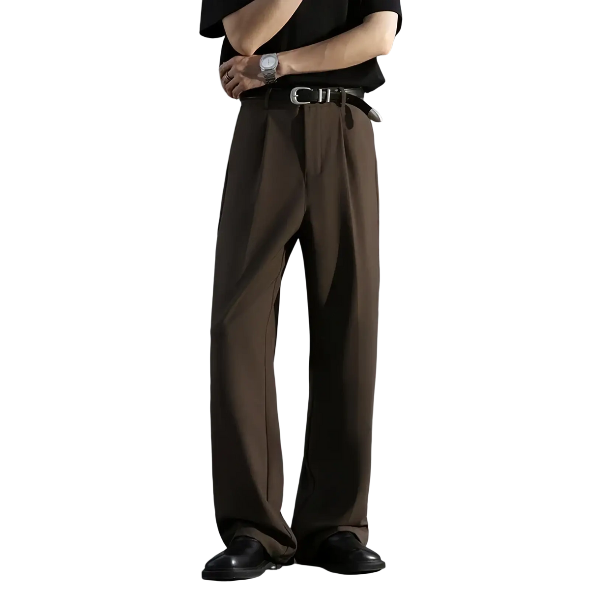 Men brown loose dress pants with wide-leg tailored fit and subtle pleats at the waist for formal wear