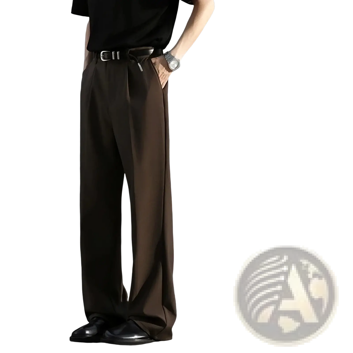 Men brown loose dress pants featuring brown wide-leg trousers with tailored fit and subtle pleats at the waist