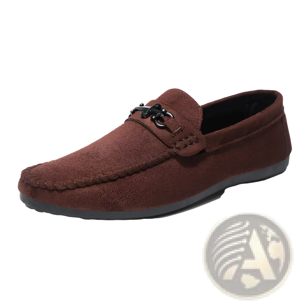 Men brown suede loafers with black metal horsebit buckle slip on shoes shown from the back side