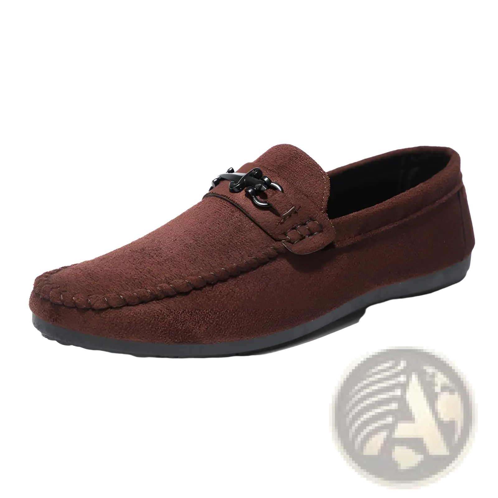 Men brown suede loafers with black metal horsebit buckle slip on shoes shown from the back side