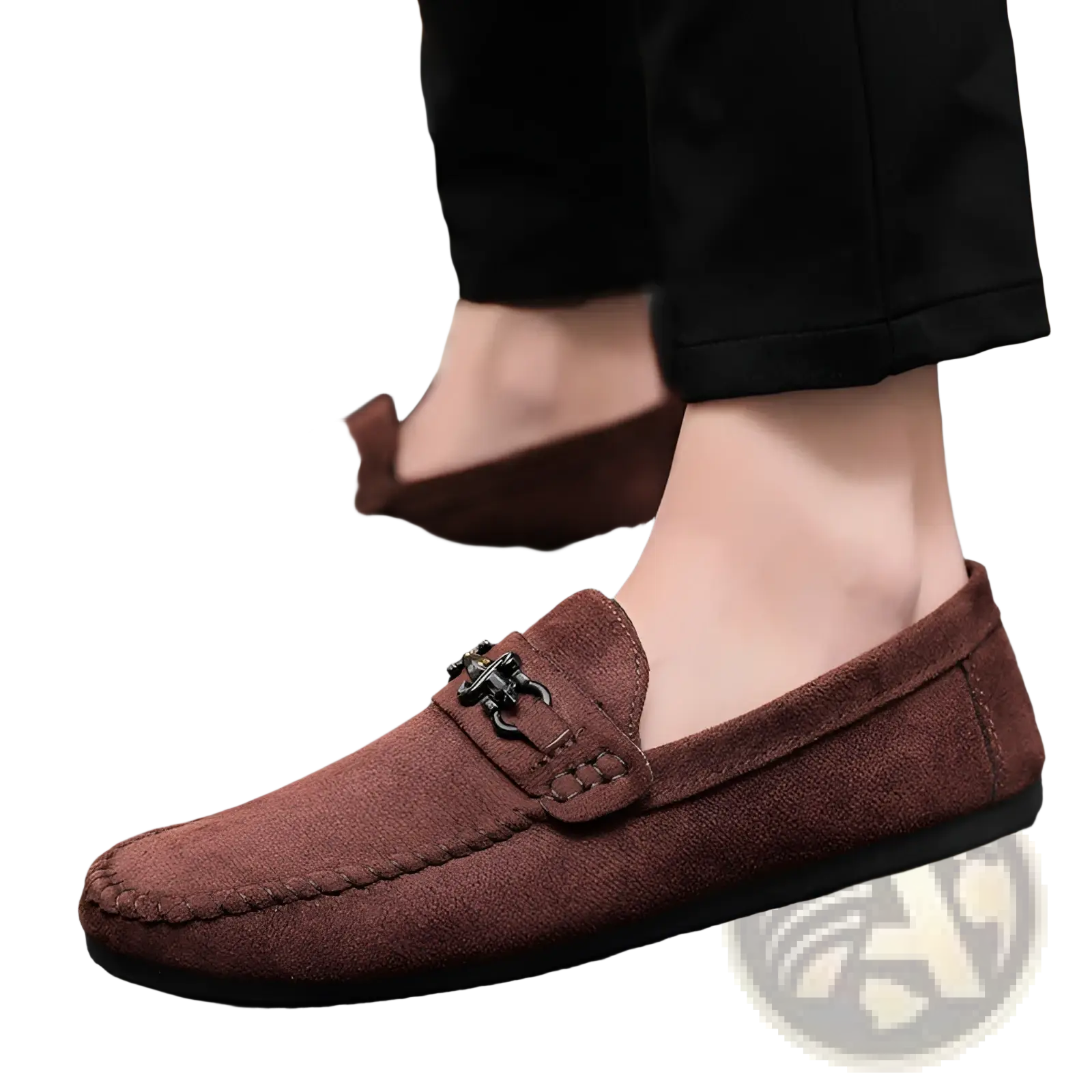 Men brown suede horsebit loafers with black metal buckle detail designed as slip on shoes