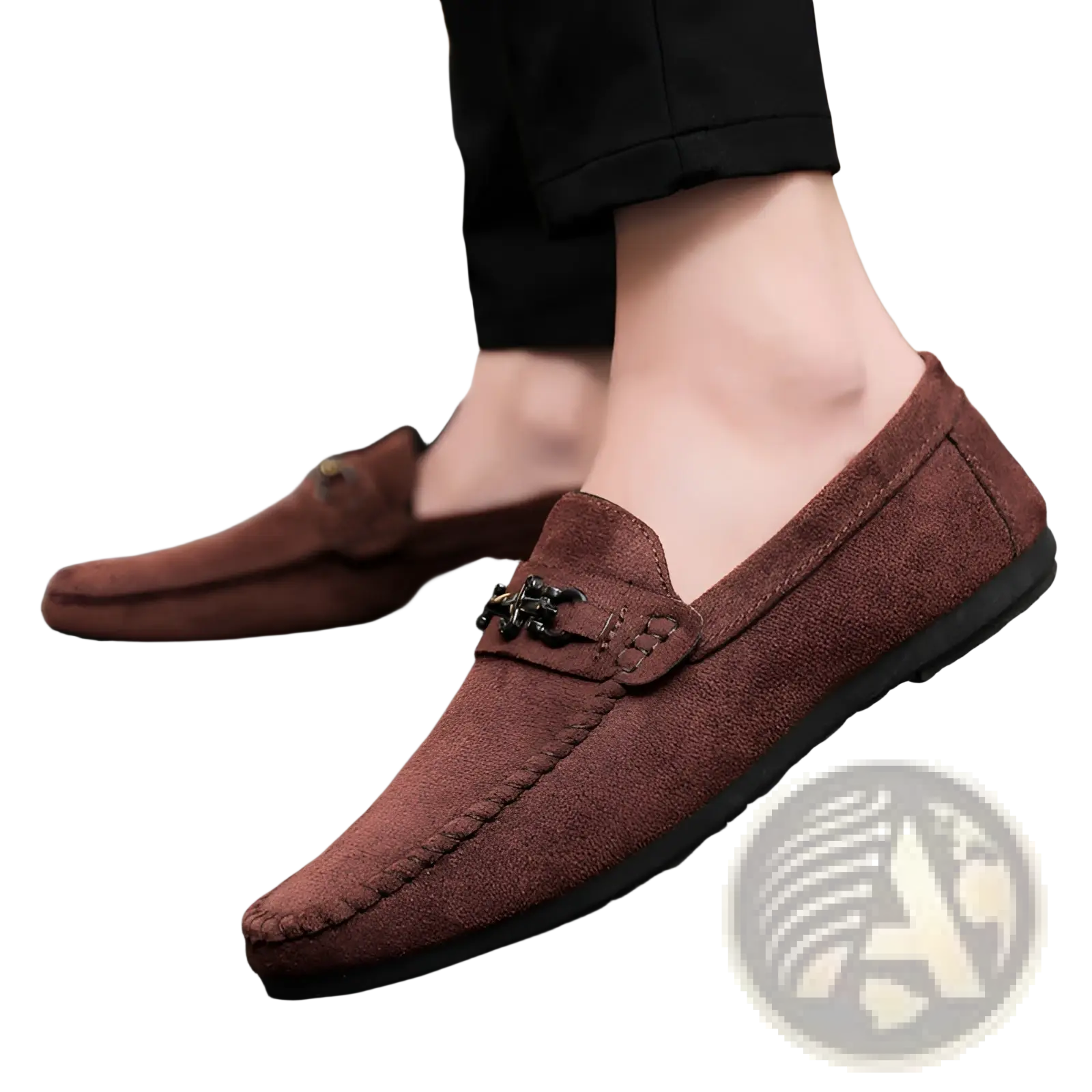 Men brown suede loafers slip on shoes with black metal horsebit buckle front view