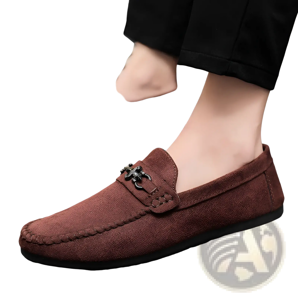 Men brown suede loafers with black metal horsebit buckle slip-on shoes for formal and casual wear