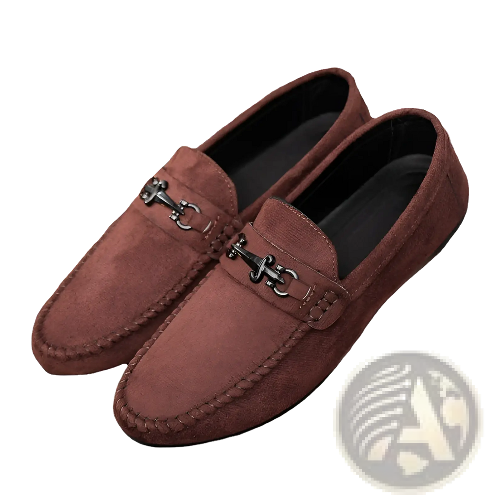 Men brown suede loafers with metallic horsebit buckle slip on shoes shown from the back side
