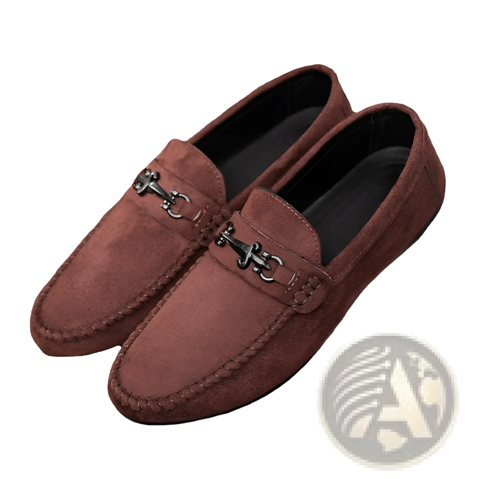 Men brown suede loafers with metallic horsebit buckle slip on shoes shown from the back side