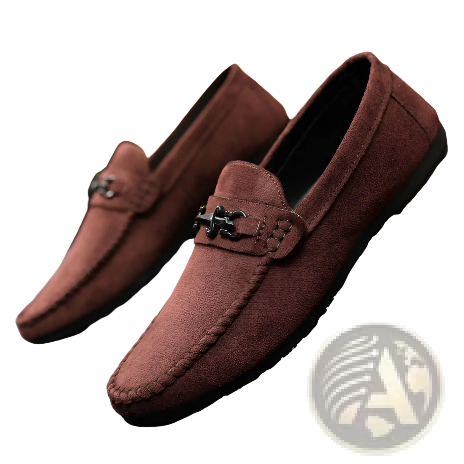 Men brown suede loafers with black metal horsebit buckle slip on shoes shown from the back side