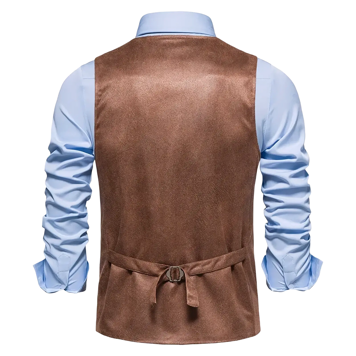 Men brown suede waistcoat with matching belt tied at the waist worn over a light blue dress shirt for business use