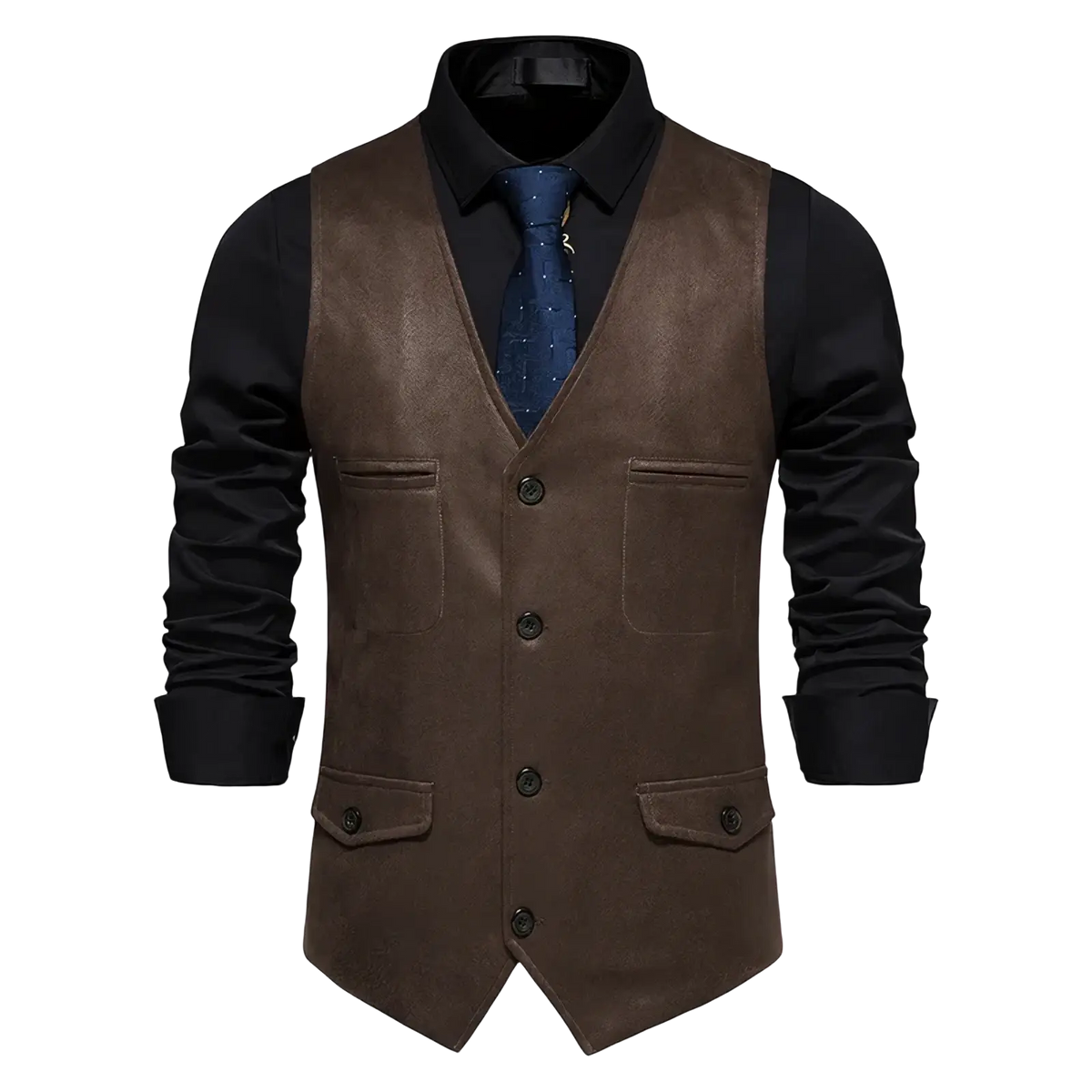 Men brown suede waistcoat business vest with front button closure and two flap chest pockets