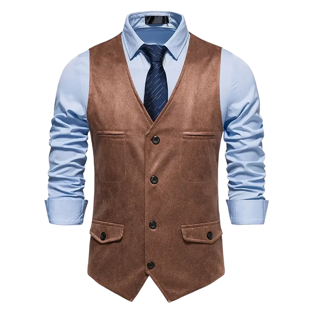 Men brown suede waistcoat business vest featuring black buttons and two front pockets in suede material