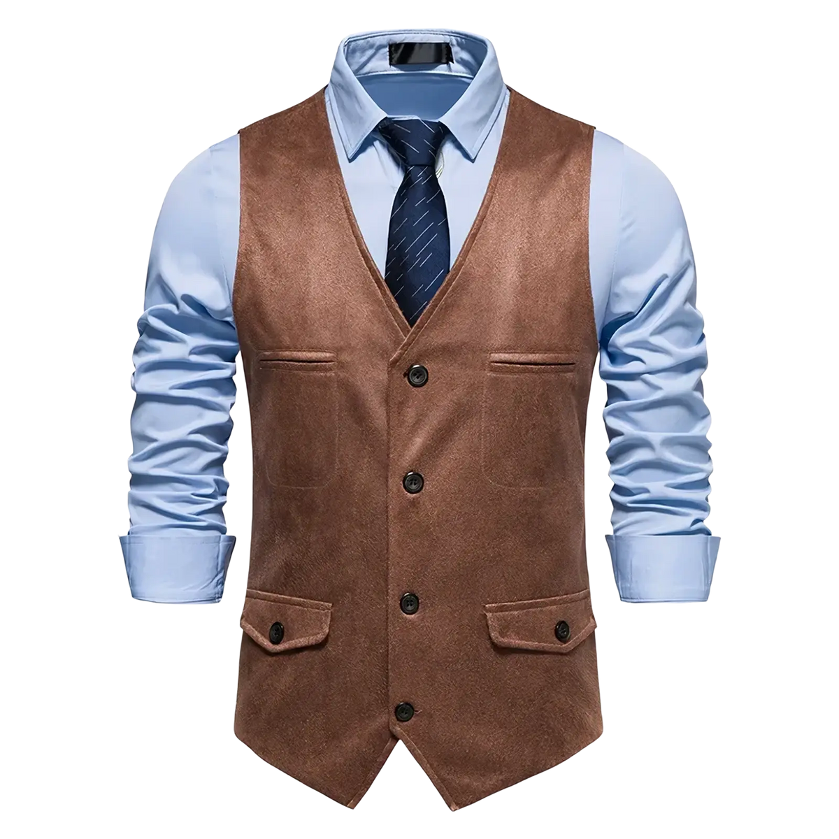 Men brown suede waistcoat with black buttons and two front pockets for business wear