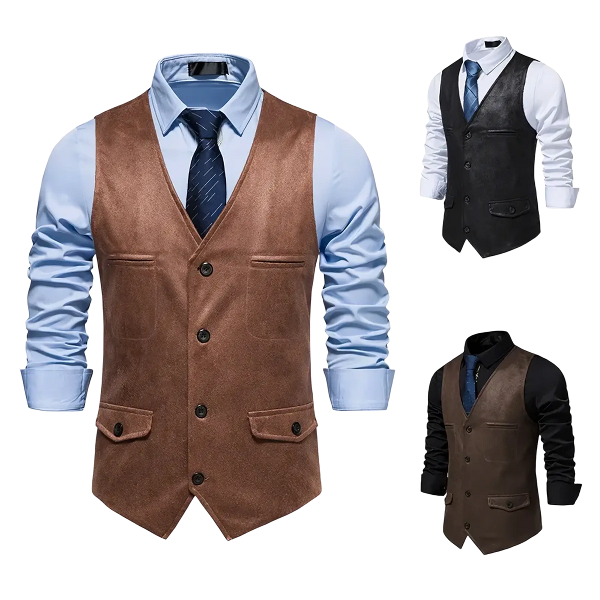 Men brown suede waistcoat business vest featuring black buttons and two front pockets in brown suede material