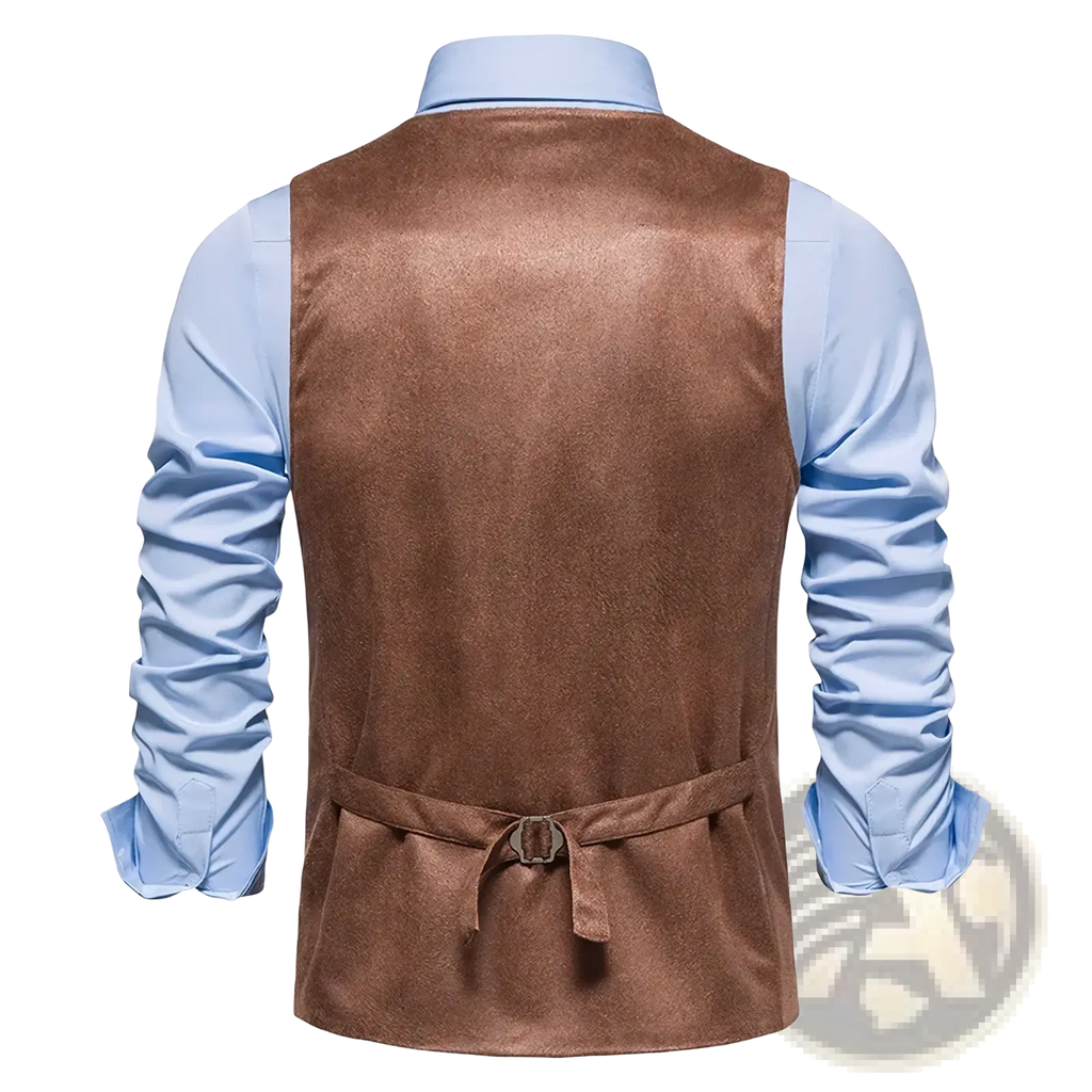 Men brown suede waistcoat with matching belt tied at the waist worn over a light blue dress shirt for business use