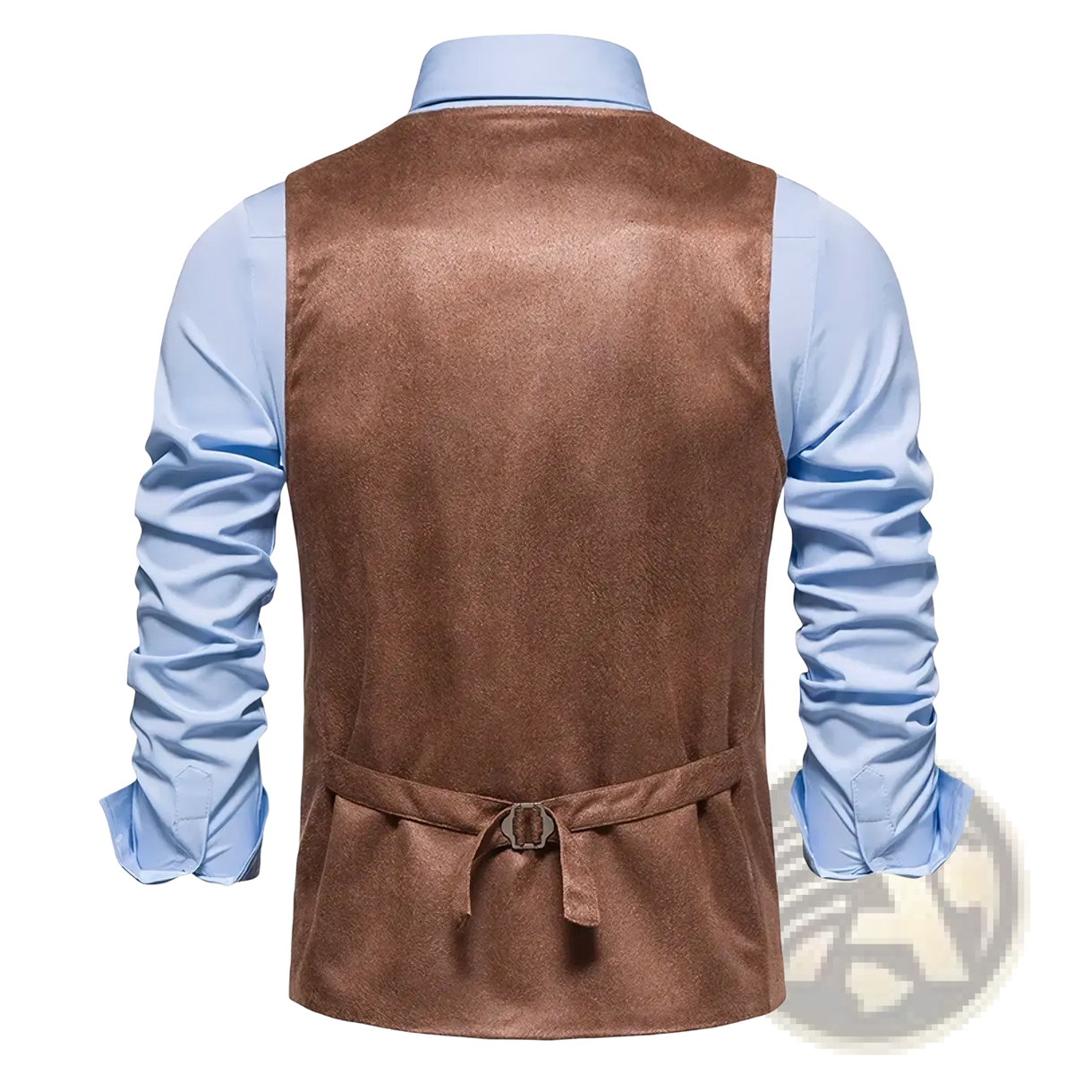 Men brown suede waistcoat with matching belt tied at the waist worn over a light blue dress shirt for business use