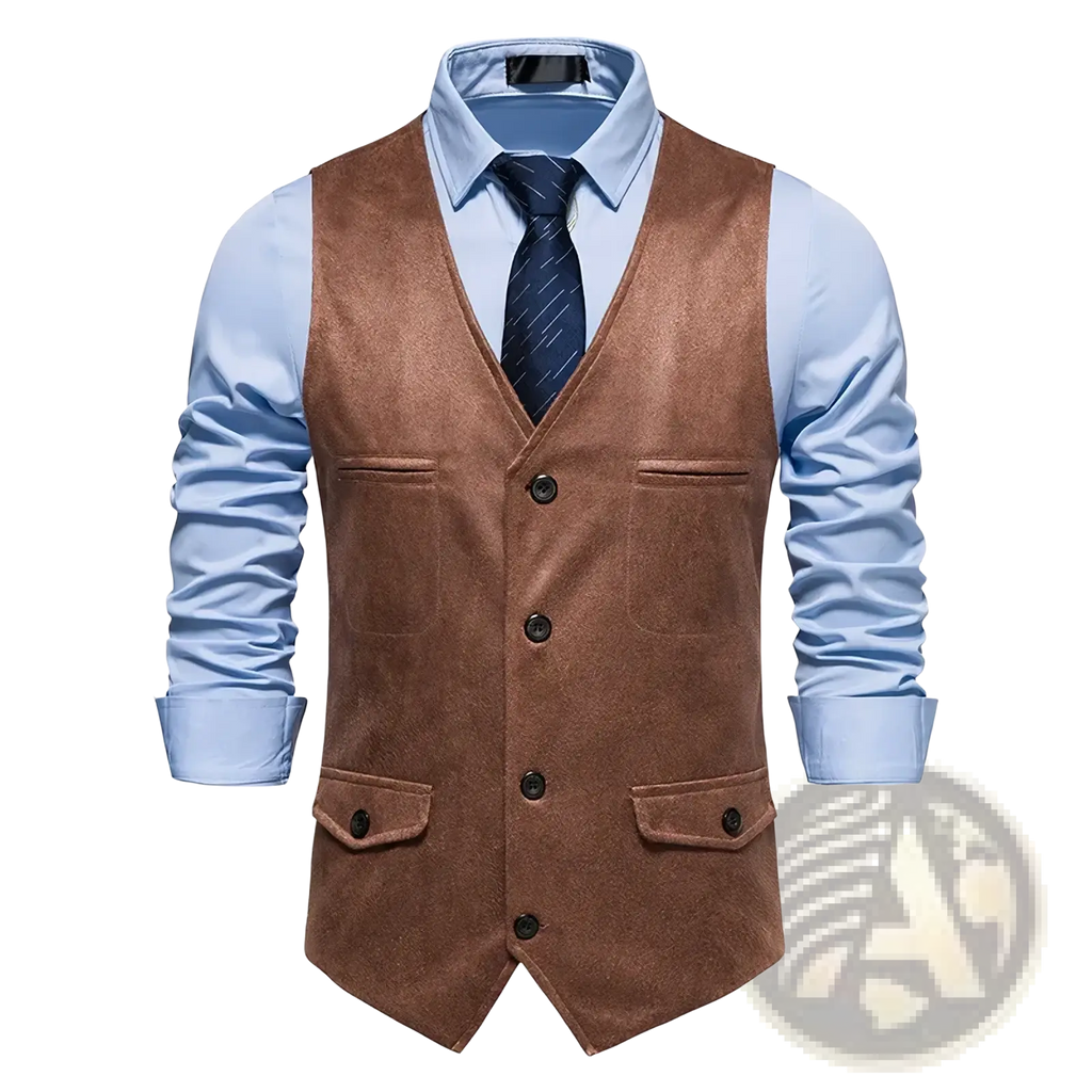 Men brown suede waistcoat with black buttons and two front pockets for business wear