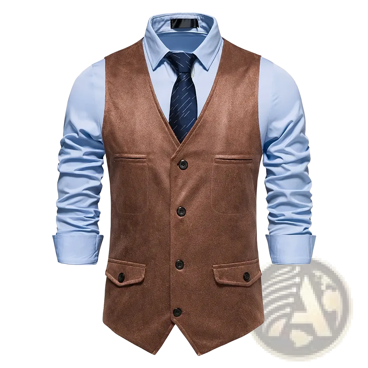 Men brown suede waistcoat with black buttons and two front pockets for business wear