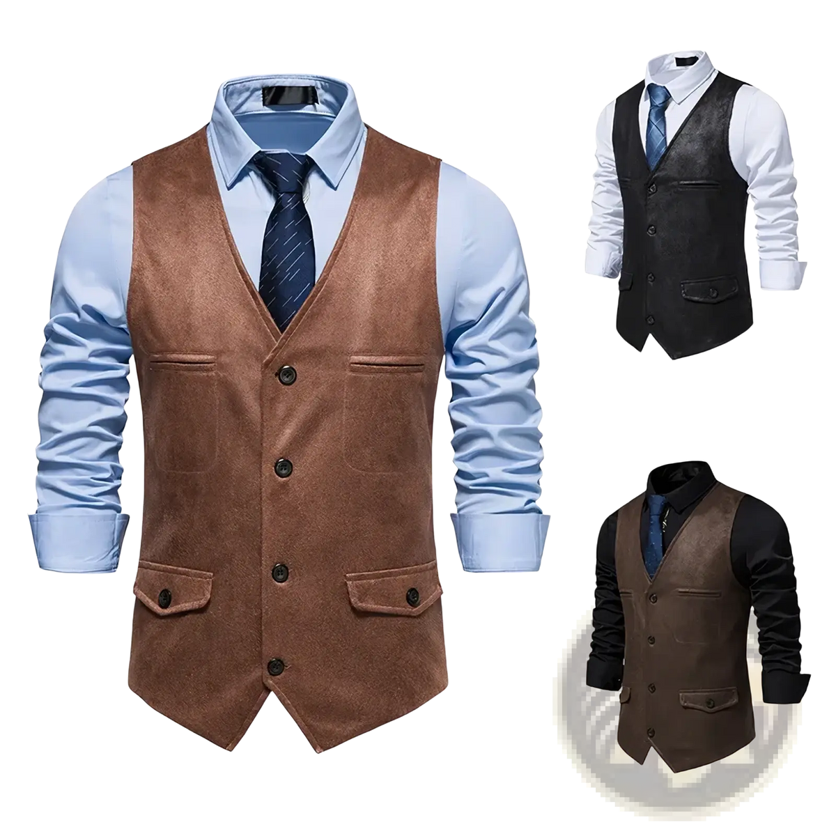 Men brown suede waistcoat business vest featuring black buttons and two front pockets in brown suede material